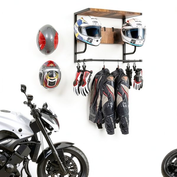 Motorcycle Helmet Holder Wall Mount Kytree Wood Rack with Glove Hooks-6