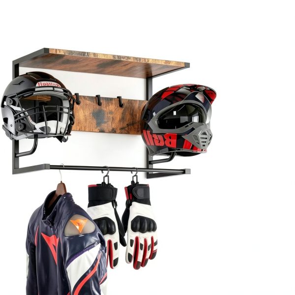 Motorcycle Helmet Holder Wall Mount Kytree Wood Rack with Glove Hooks-3
