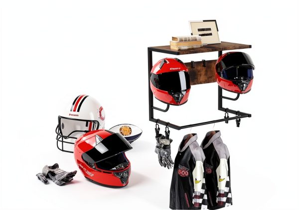 Motorcycle Helmet Holder Wall Mount Kytree Wood Rack with Glove Hooks-5