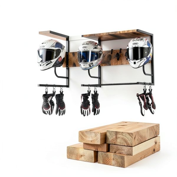 Motorcycle Helmet Holder Wall Mount Kytree Wood Rack with Glove Hooks-2