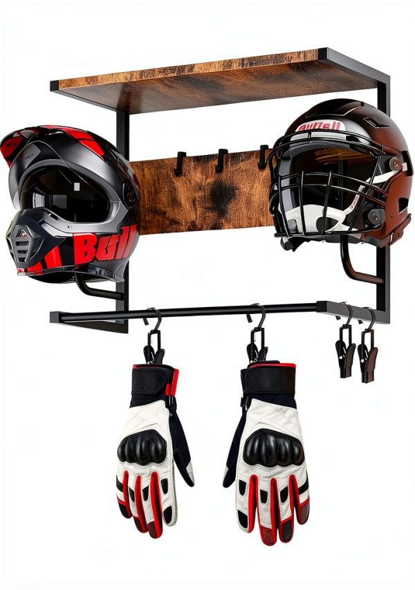 Motorcycle Helmet Holder Wall Mount Kytree Wood Rack with Glove Hooks-0